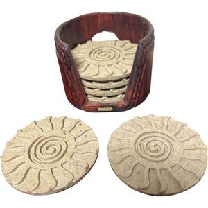 Vintage NIB Made In Mexico Sun Sand Ceramic Coasters with Wood Stand